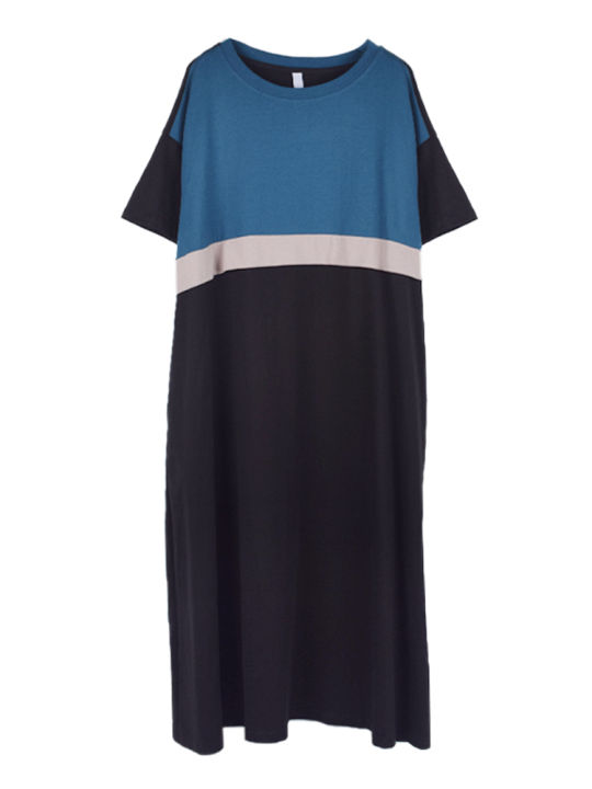 xitao-dress-contrast-color-casual-patchwork-loose-women-t-shirt-dress