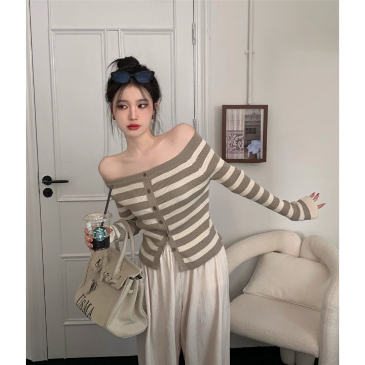 a-word-shoulder-stripe-knitting-cardigan-coat-female-early-autumn-new-long-sleeved-top-inside-take-short-sweet-chilli-sauce
