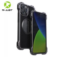 [R-JUST] Metal Carbon Fiber Wireless Charger Case For iPhone 14 13 12 Pro Max 14Plus 12mini 13mini with Camera Lens Protection Magnetic Phone Cover Slim Bumper Fundas