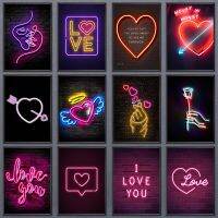 Neon Love Heart โปสเตอร์ I Love You คู่ Lover Rose ภาพวาดผ้าใบพิมพ์ภาพผนังเหมาะสำหรับบาร์,คลับ,ห้องนั่งเล่น,และตกแต่งบ้าน