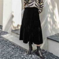 Velvet High Waist Long Skirt Women Autumn Winter Korean Black High Waist Pleated Skirt Vintage Korean Style Female Midi Saia