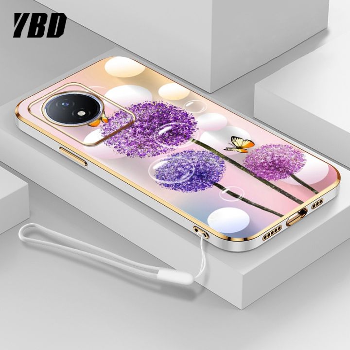 ybdเคสใหม่สำหรับ-vivo-y02-y02a-ชุบโครเมี่ยมสุดหรูนิ่มเคสโทรศัพท์แฟชั่นสีสันสดใสฟรีสายคล้องเคสแบบดอกไม้ผีเสื้อ