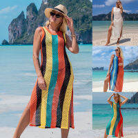 DN0834 Boho ถัก Beach Cover Up Tank Dress Pareo Beach Tunic Stripe Kaftans เซ็กซี่โครเชต์แยกชุดว่ายน้ำผสมสี