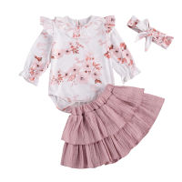 3 Pcs Baby Girls Dress Set, Round Neck Long Sleeve Flower Print Falbala Romper, Solid Color Pleated Bubble Skirt, Bow Headband  by Hs2023