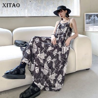 XITAO Dress Casual Loose Contrast Color Print Strap Dress