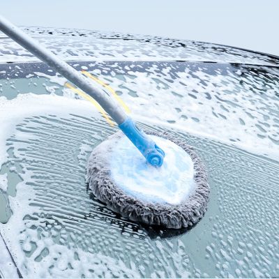 [COD] Curved handle chenille mop retractable aluminum alloy long car wash rotating head soft brush does hurt the paint