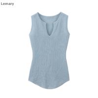 Lemary เสื้อชั้นในสตรีถักคอวี,2023แฟชั่นฤดูร้อนเสื้อกล้ามเข้ารูปแขนกุดสีทึบสวยไม่สม่ำเสมอ