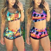 【TAKU Swimsuit】ชุดว่ายน้ำเซ็กซี่ผู้หญิง39; S Crop Top กางเกงขาสั้นเอวสูงลายดอกไม้บิกินี่ชุดว่ายน้ำชายหาด Beachwear New