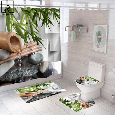 Bamboo and Stone Print Decorative Shower Curtain Inner Peace Bathroom Curtains Green Bath Mat Set Toilet Car Japanese Decor