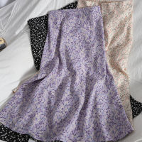 Floral Purple Print Ruffle Pleated Long Skirts 2022 Summer Women Korean Style Streetwear Drawstring Elastic Waist Midi Skirt