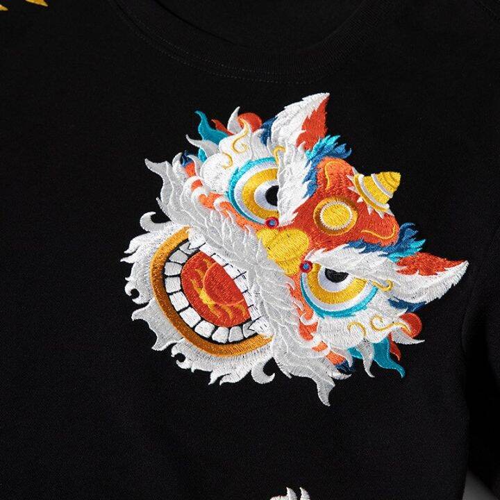 lyprerazy-summer-new-short-sleeved-t-shirt-mens-round-neck-chinese-style-national-tide-wake-lion-embroidery-cotton-tee