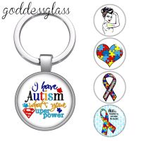 【CW】▥✵№  Autism Awareness Photo Round glass cabochon keychain Car key chain Holder Charms keychains for gift