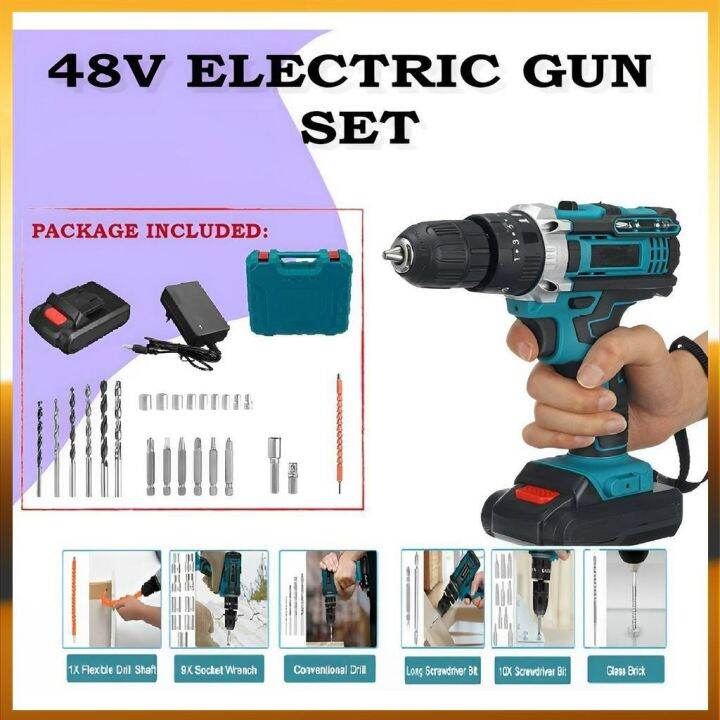 Heavy Duty Rechargeable Cordless Electric Hand Drill Gun Set With 48V