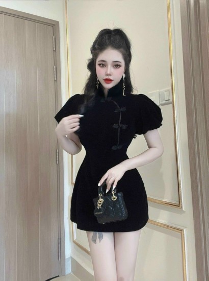 ĐẦM BODY NHUNG CỔ TÀU TAY PHỒNG | Shopee Việt Nam