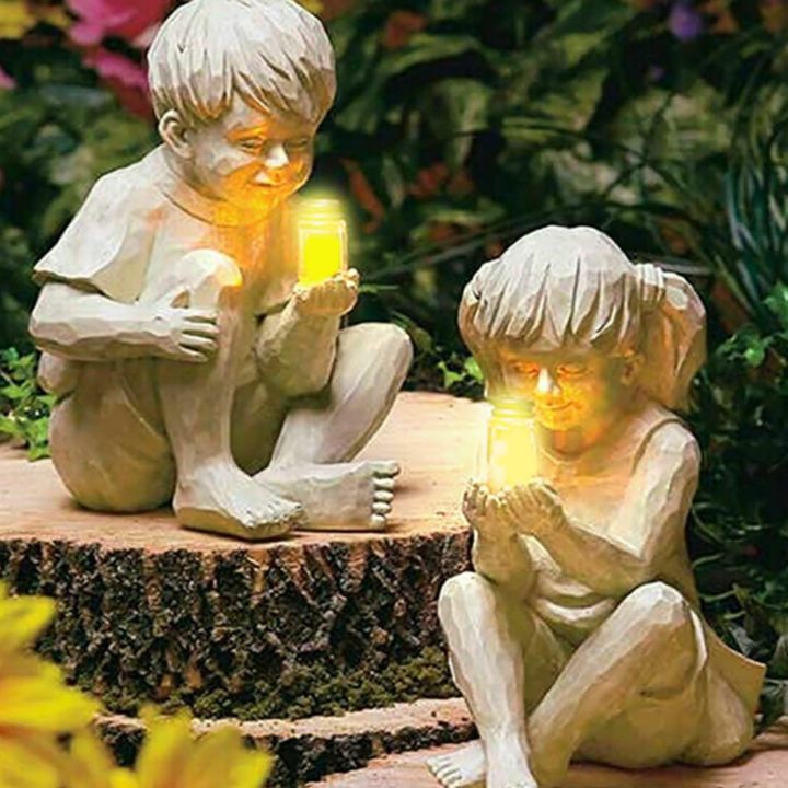 เด็กที่มีรูปปั้นสวนหิ่งห้อยพลังงานแสงอาทิตย์-ของตกแต่งสวนสำหรับตกแต่งบ้านห้องโต๊ะอุปกรณ์เครื่องประดับ