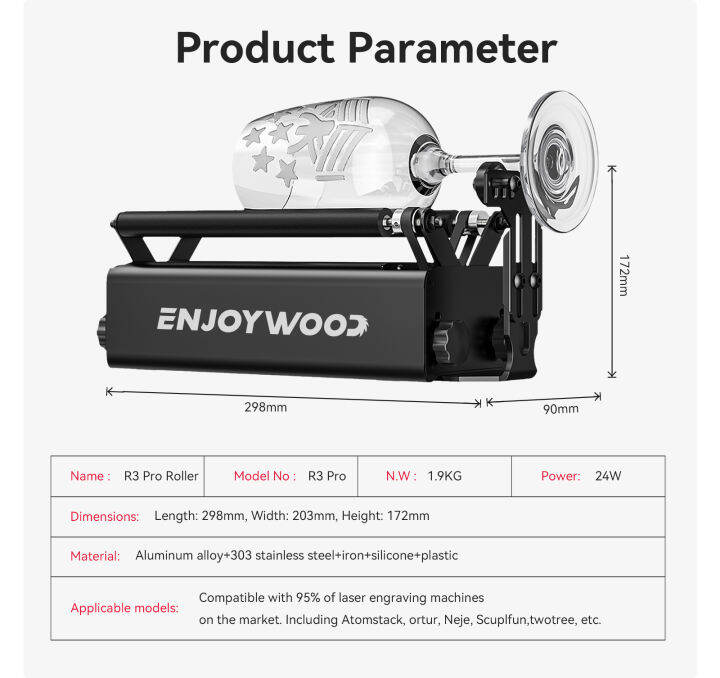 enjoywood-r3โปร360-เครื่องแกะสลักเลเซอร์แบบหมุนโรตารี่เลเซอร์ลูกกลิ้ง4แกนหมุน-y-ลูกกลิ้งหมุนพร้อมโมดูลรองรับและเสาต่อสำหรับเครื่องแกะสลักเลเซอร์