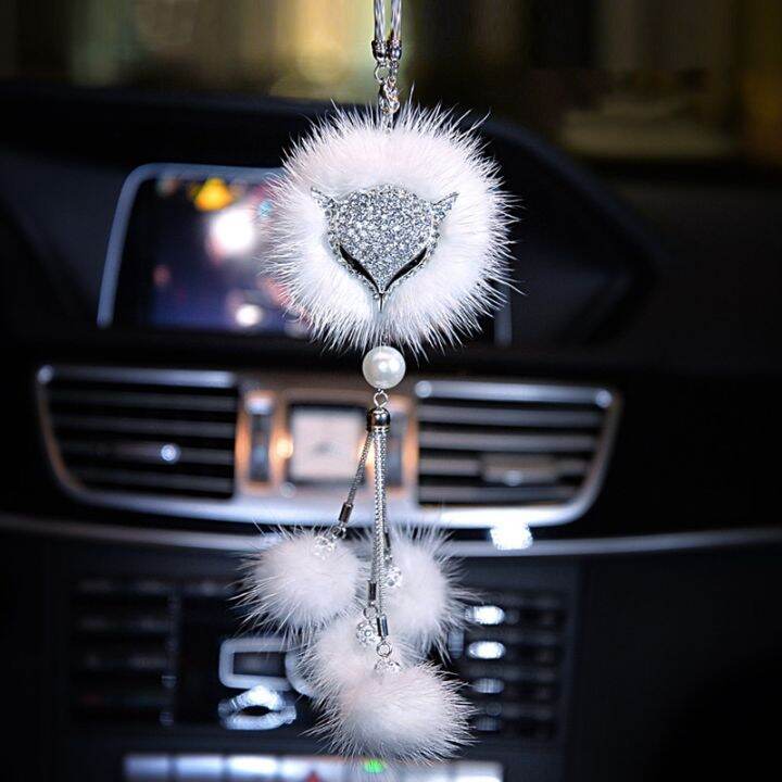 dfthrghd-car-crystal-bling-fox-plush-fur-tail-ball-pendant-animal-car-interior-decoration-rear-view-mirror-ornament-accessories-for-women