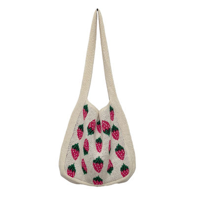 Clutch Casual Shoulder Bag Women Travel Handbag Retro Shoulder Bag Ladies Shoulder Bag Strawberry Pattern Knitted Shoulder Bag