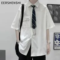 EERSHENSHI เสื้อเชิ้ตแขนสั้นผู้ชาย เสื้อบางๆแฟชั่นลำลองหลวมและสีทึบ