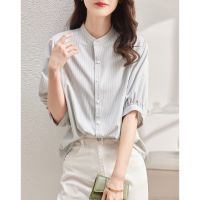 Port of flavour restoring ancient ways collar sleeve at five to seven striped shirt female 2023 summer new product design feels loose thin shirt