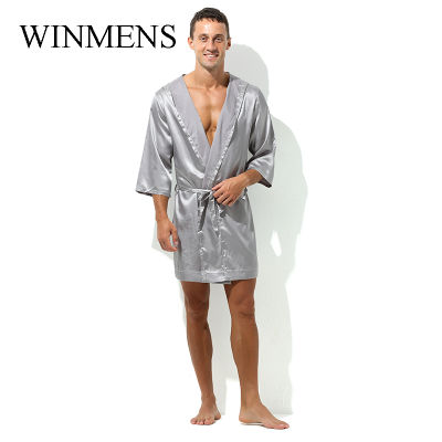 Mens Bathrobe Solid Polyester Hooded Night Gown y Silky Long Sleeve Mens Robes Silk Home Pajamas Sleepwear