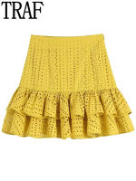 TRAF Yellow Ruffle Skirt Women High Waist Short Skirts Woman Cut Out Embroidered Summer Skirts  A Line Mini Skirt Suits