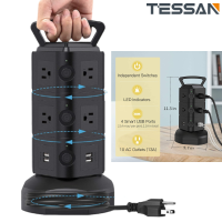 10 Way Surge Protector Power Strip Tower Heavy Duty Extension Extension Cord Socket with 4 USB Ports, TESSAN 1625W 10A Outlet Surge Electric Tower, 10 Outlets 4 USB Ports Charging Station with 10 Outlet Splitter 16AWG 6.5ft Cable for Home Office Dorm