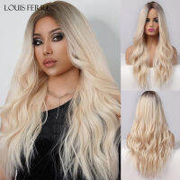 LOUIS FERRE Synthetic Ombre Wig สำหรับผู้หญิงไฮไลท์สีน้ำตาลบนวิกผมสีบลอนด์วิกผมลอนยาวดูเป็นธรรมชาติไฟเบอร์ทนความร้อน ~