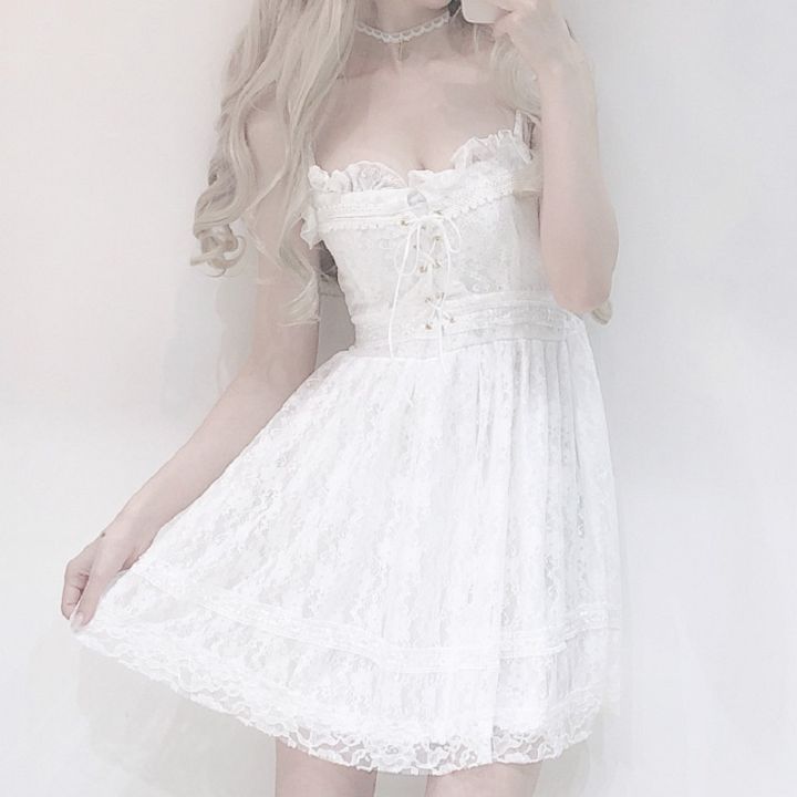 Harajuku Japanese bow tie sexy white lace dress female ins summer Korean fashion simple solid sweet casual female strap dress