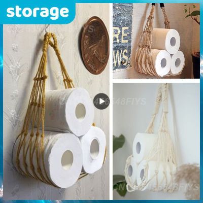 Bathroom Kitchen Paper Roll Holder Wall Mounted Toilet Paper Towel Storage Rack Bathroom Hanging Rope Paper Towel Net Pocket Bathroom Counter Storage