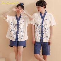 ✟☞ Kawaii kimono estilo casal pijamas conjunto moda suummer algodão para mulher na amantes masculino casual loungewear