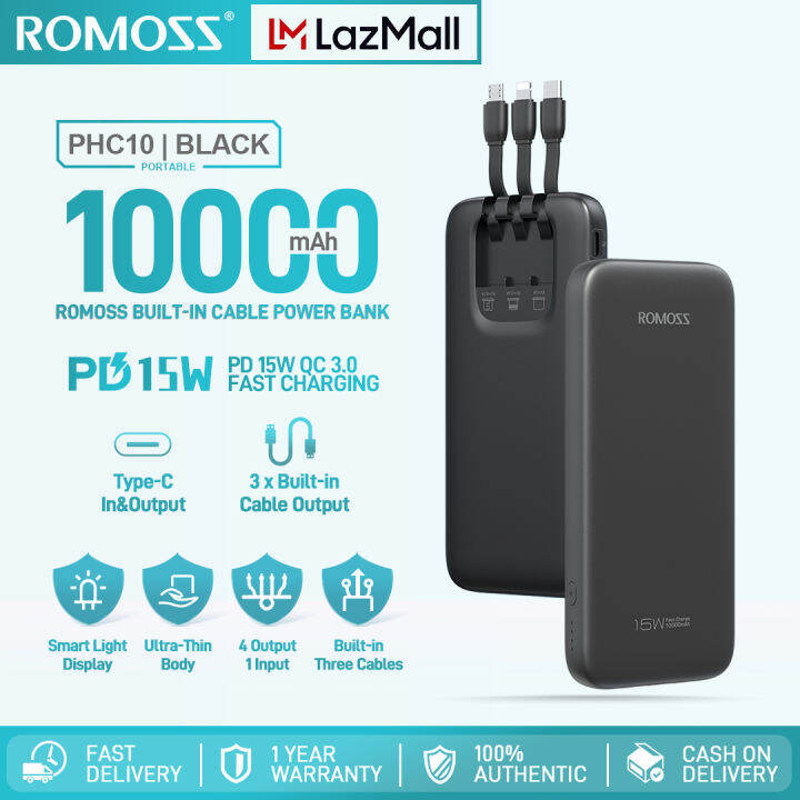 Romoss PHC10 10000mAh Builtin Cables Powerbank 15W Fast Charging 4