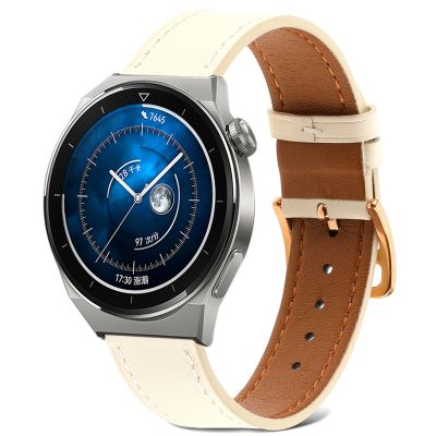 สำหรับนาฬิกา Huawei GT 3 Pro 22Mm สายนาฬิกาข้อมือหนังแท้สานธรรมดา (สีเบจขาว)