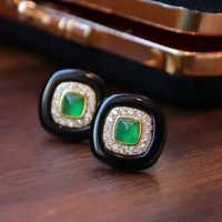 KQDANCE 925 Sterling Silver with Square Emerald Green Natural Stone Black Agate Stud Earrings Gold Plated Fine Jewelry For Women