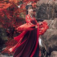 ชุดจีน Hanfu ชุดชุด Cosplay สีแดงกระโปรงนางฟ้า2ชิ้นเต็มหน้าอกโมเดลฤดูใบไม้ผลิและฤดูใบไม้ร่วงใหม่เครื่องสำอางเพื่อความงาม