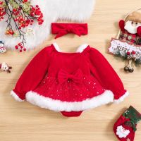 Citgeett Winter Christmas Infant Baby Girls Outfits Long Sleeve Velvet Bodysuit Dress Headband Fall Xmas Clothes