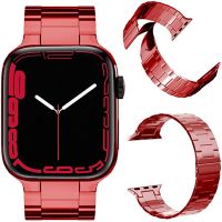 【lz】❒  Pulseira de aço inoxidável para apple watch band 45mm 41mm 44mm 40mm 42mm pulseira de ligação de metal ultra-fino para iwatch 8 7 se 6 5 4 3 vermelho