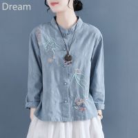Chinese style embroidered cotton and linen shirt retro buckle long sleeve stand collar Tea suit loose base linen top V729