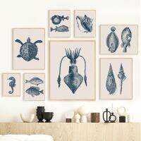 Luyameishop Vintage Sea Life Wall Art ภาพวาดผ้าใบ Nordic โปสเตอร์และพิมพ์ภาพผนังสำหรับตกแต่งห้องนั่งเล่น Octopus, Seahorse,แมงกะพรุนและปู