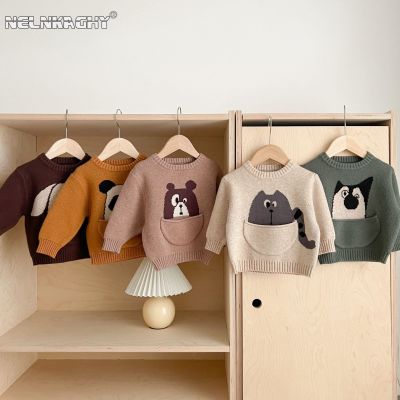 Vintage Retro Pocket Knit Sweater for Baby Boys Girls - Japanese Style Autumn Winter Kids Children Outfit, Cute Cartoon Design