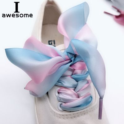 1Pair Ribbon Multicolor Shoelaces Fashion Organza Ribbon Sport Shoes Sneakers Bowknot Flat Shoelaces 3CM Wide 3 Gradient colors