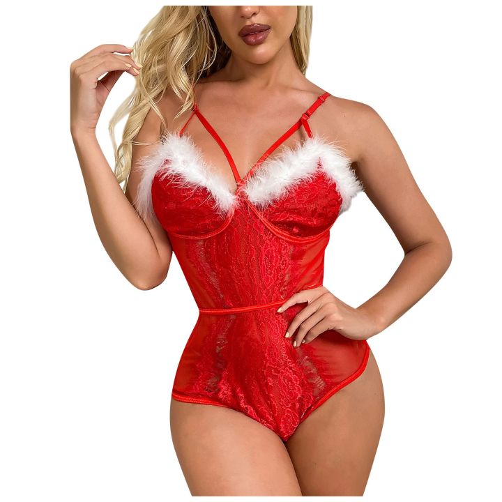 ชุดนอนจั้มสูทบอดี้สูทเปลือยหลังคอวีเสื้อผ้าชั้นในสตรีสีแดงเซ็กซี่สำหรับผู้หญิงชุดนอนคริสต์มาส