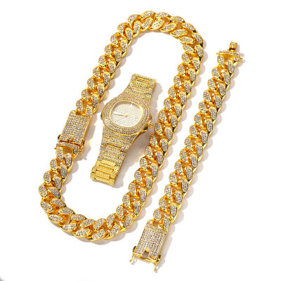 3Pcs Necklace+Watch+Bracelet Hip Hop Miami Cuban Chain Gold Color Iced Out Paved Rhinestones CZ Bling Rapper Men Jewelry