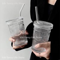 【CW】❒❁  380ML Cup EmbossTransparent Glass With Lid and Transparent Drinkware Dessert