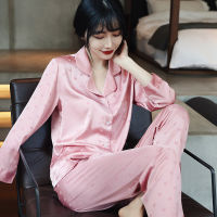 Womens Pajamas Set Silk Like Homewear Heart Print Sleepwear Casual Ins Style Nightie Nightgown Home Suit Femme пижама женская