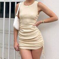 【HOT】❆ Articat Sleeveless O Neck Pleated Bodycon Fashion Lace-UP