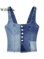 Clarissali Willshela Denim Patchwork Breasted Cropped Camisole Straps Collar Female