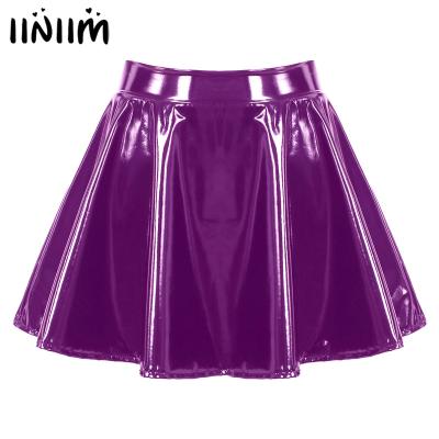 Womens Glossy Patent Leather Flared Miniskirt Dance Performance Invisible Zipper A-Line Mini Skirts Clubwear Cosplay Costume