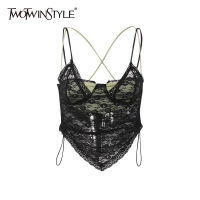 TWOTWINSTYLE Patchwork Lace Short Vest For Women Square Collar Sleeveless Fake Two Sexy Vests Female Fashion New Clothing Style