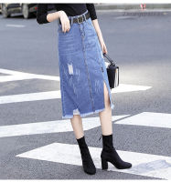 European station plus size fat mm denim skirt skirt female  spring and autumn hole high waist thin split mid-length section